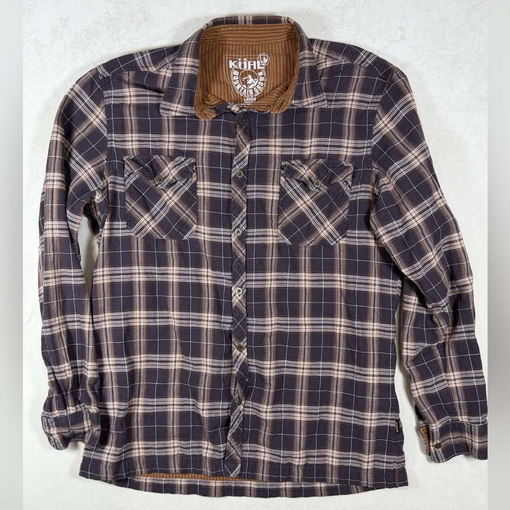 Kuhl Men’s Large Tan Plaid Flannel Outdoor Performance Huckberry Shirt